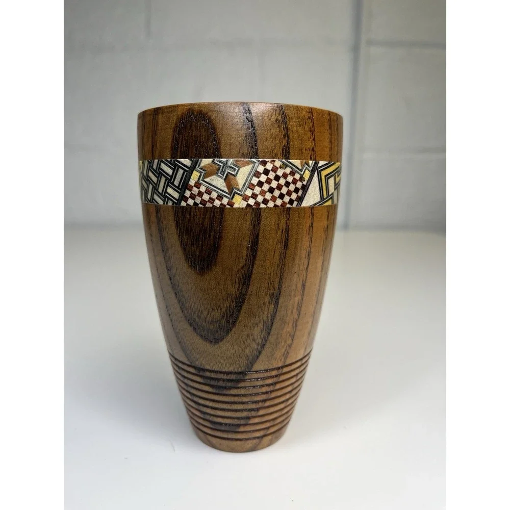 Yosegi Karakuri Gimmick Japanese Hakone Yosegi Cup Drink Wood Marquetry Inlaid‎